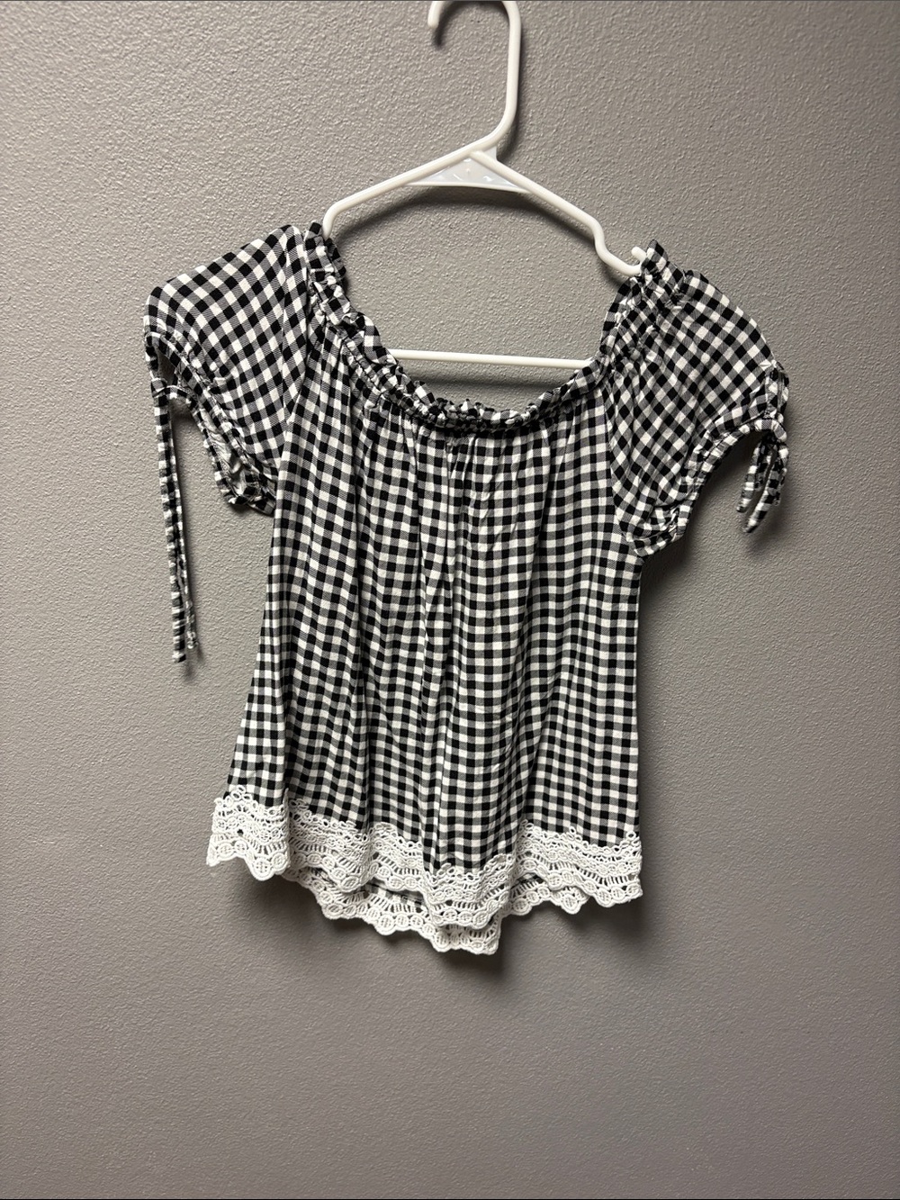 Crave Fame Black and White Gingham Off-Shoulder Top with Lace Hem - Picture 7 of 12